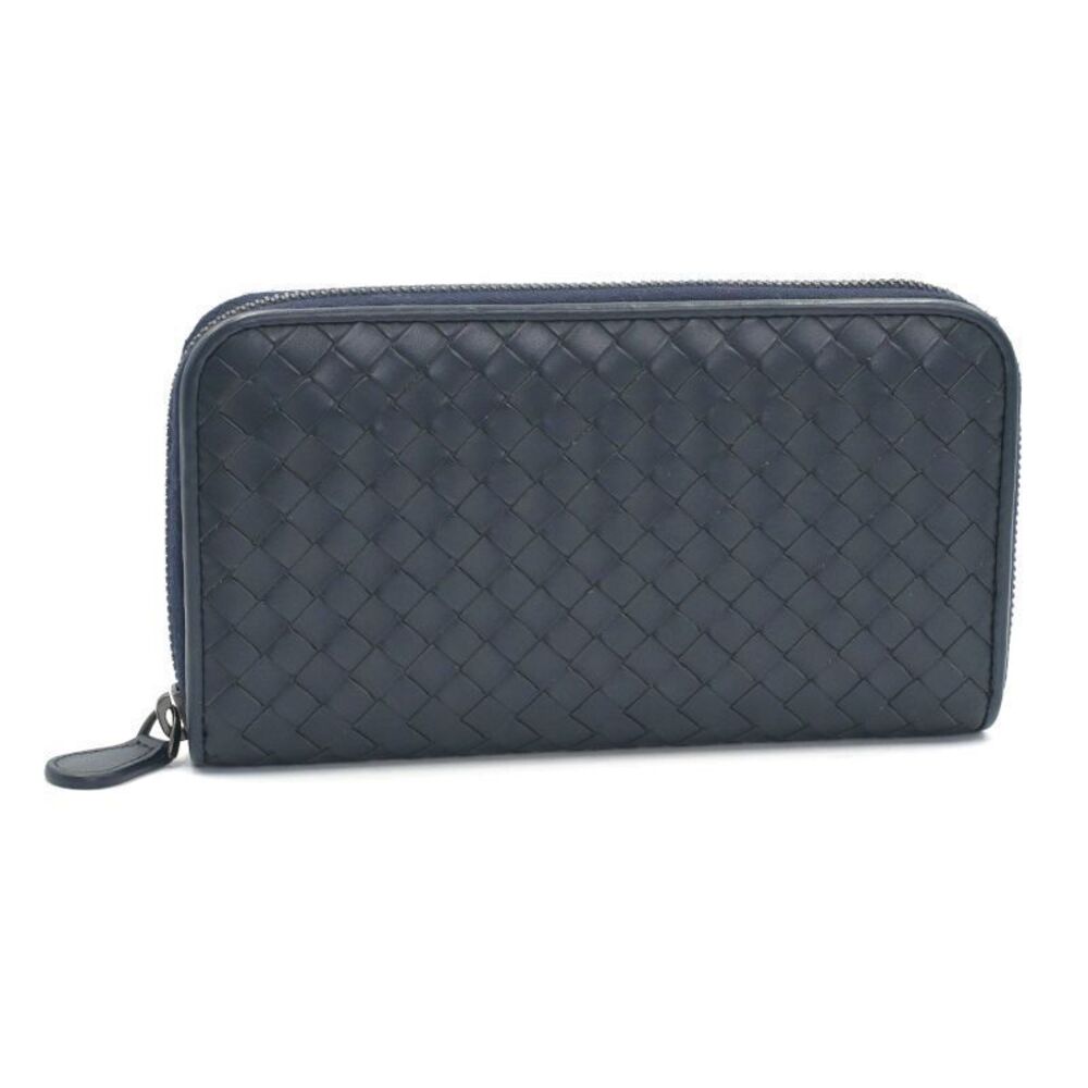 Bottega Veneta Cassette Round Zipper Wallet Intrecciato Calf Leather Navy Blue